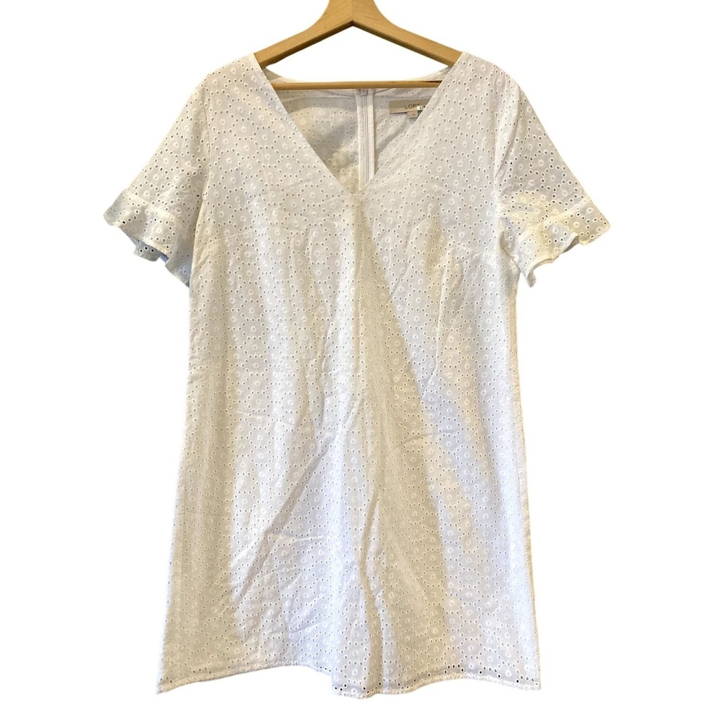 Loft White Eyelet Shift Dress Womens 12 V-Neck Flutter Sleeve Cotton Mini Floral